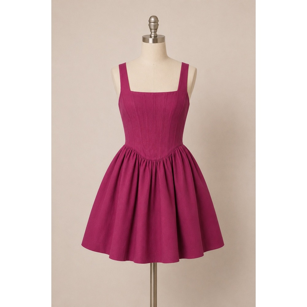 STAUD Wells Mini‎ Dress Magenta Berry Pink Corset Pleated Fit & Flare Size 6